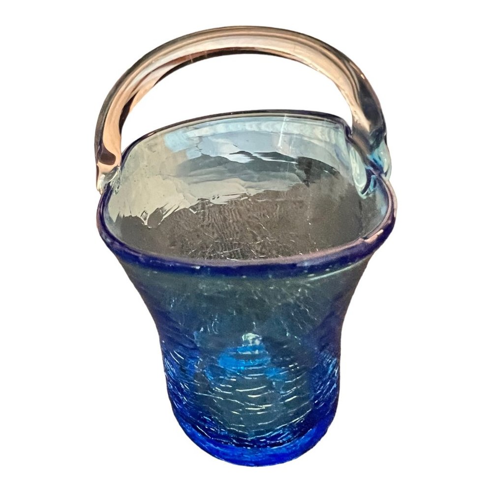 Art Glass Blue Crackled Glass Basket Vase Flower Pot With Handle Hand Blown 3.5" - Picture 7 of 10